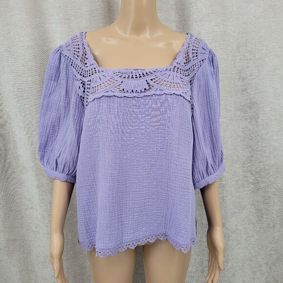 Democracy Cotton Woven Crochet Square Neck Short Bubble Sleeve Scallop Hem Top - Picture 2 of 13